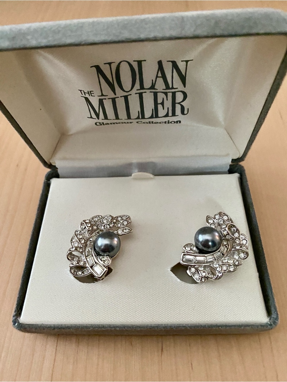 Nolan Miller Estate earrings: gray faux pearl & clear rhinestones, original box
